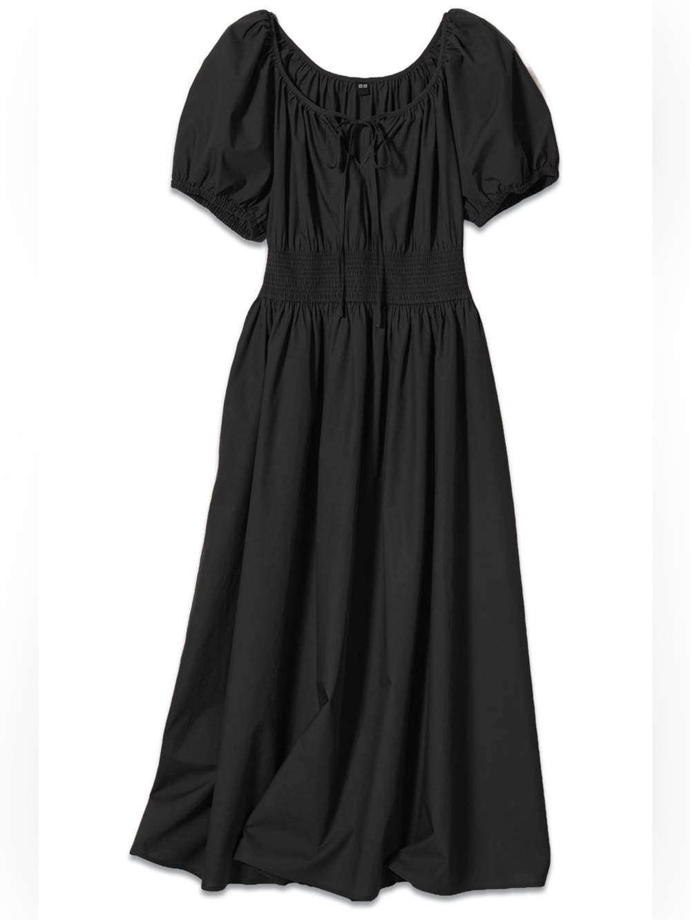Uniqlo Black Volume Sleeve Dress XS Cotton Smocked Waist A Line Lightweight Fall